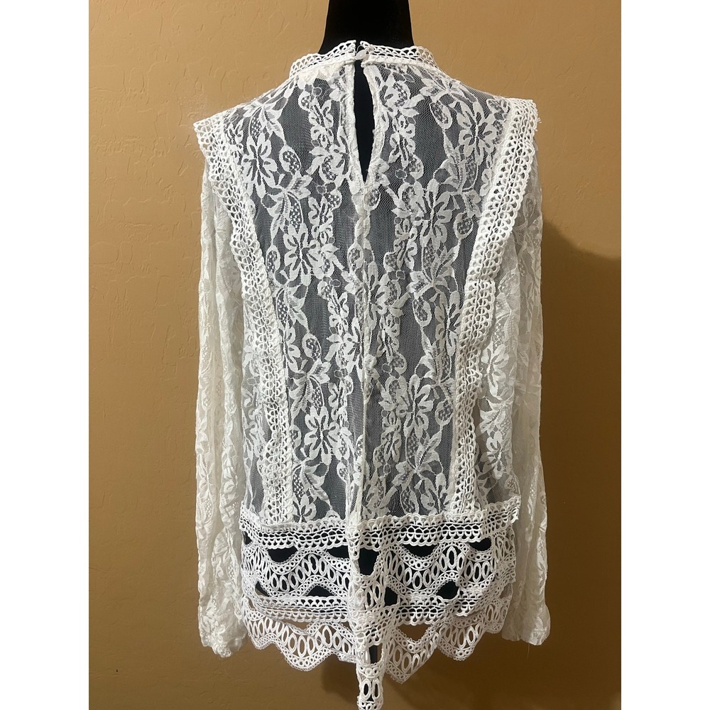 Adiva White Floral Lace Mock Neck Long Sleeve Blouse Country Cottage Boho Top